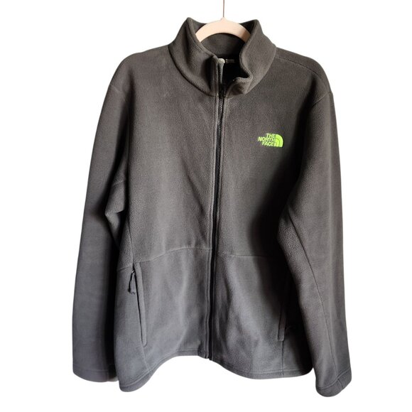 North Face Fleece Jacket Men's Large Gray Grey Full Zip Pockets Green Logo - Picture 1 of 14